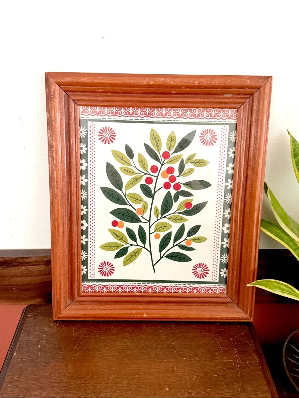 Vintage Style Botanical Berry Folk Art Print Wood Framed Wall Decor Cottagecore